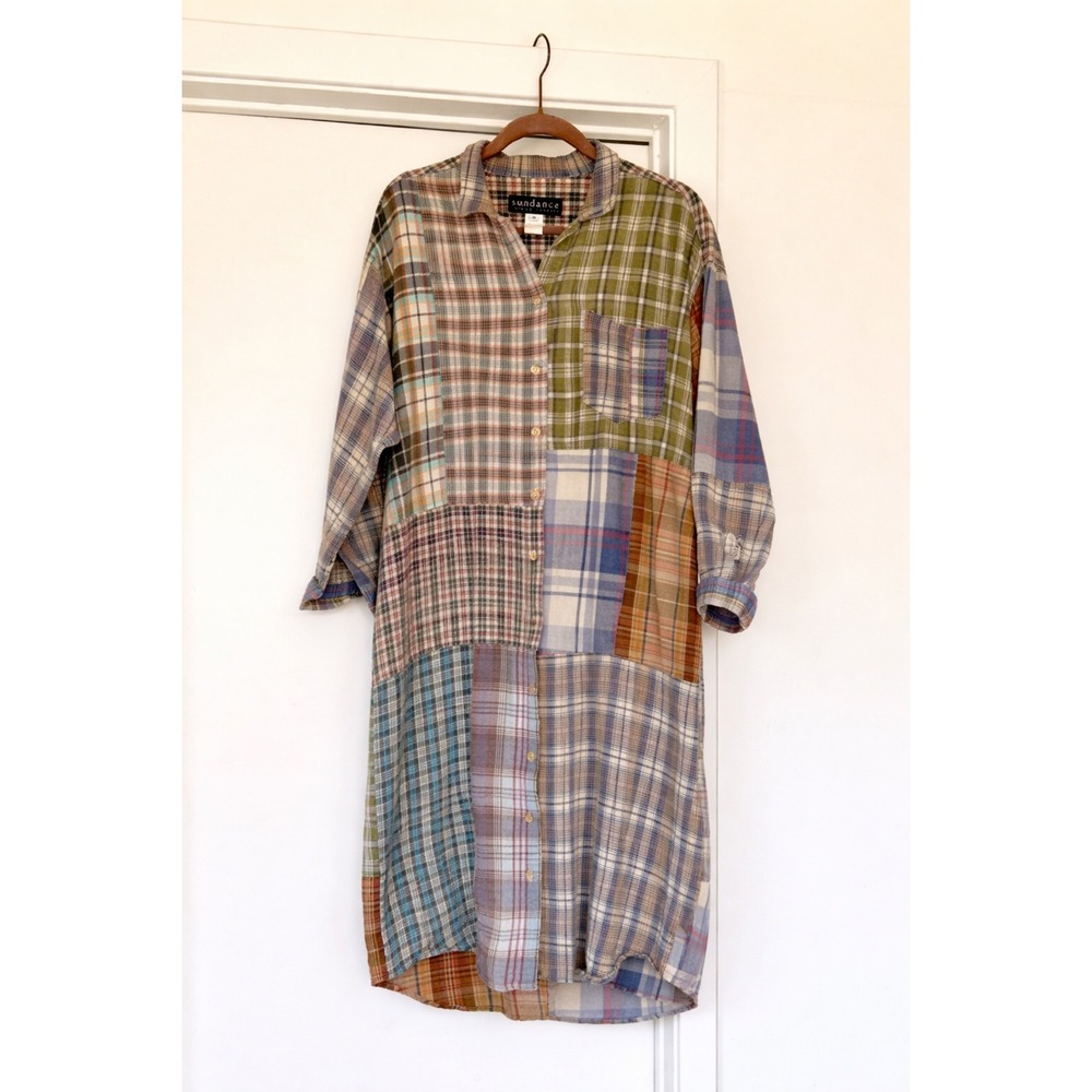 Sundance X Citron Vintage Patchwork Plaid Duster Grunge Shirt Dress 90s O/S